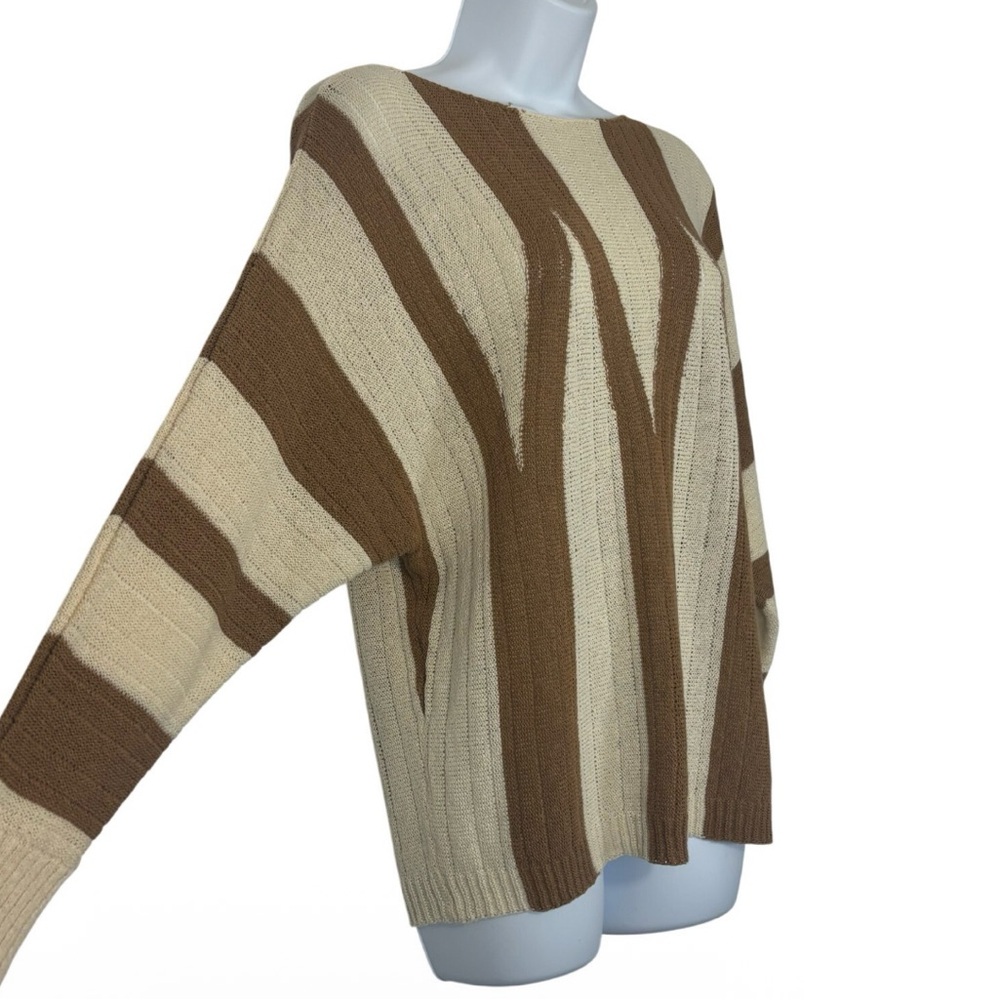 Chico’s Brown & Cream Striped Sweater Dolman Sleeve Oversized Boho Top - Picture 2 of 9